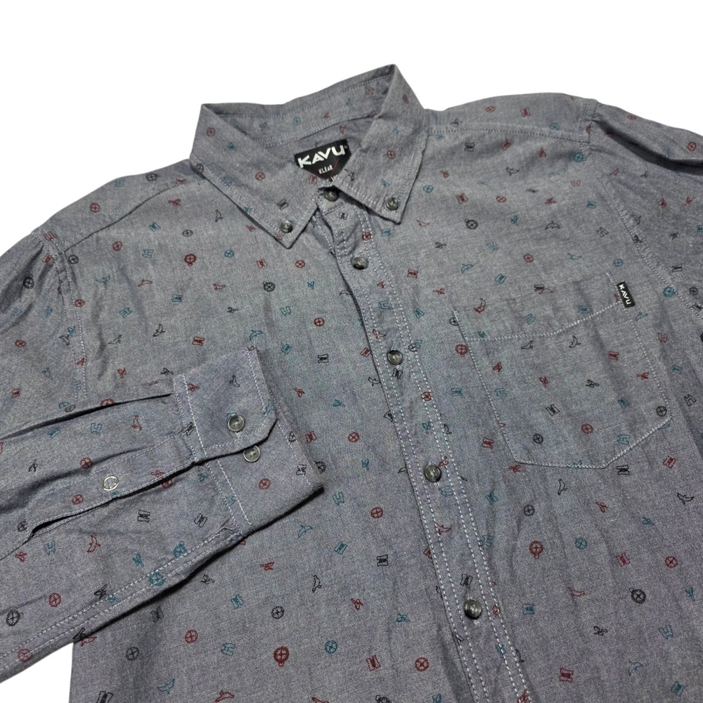 KAVU Klear Above Button Down‎ Mens Large Blue All Over Print Long Sleeve Shirt
